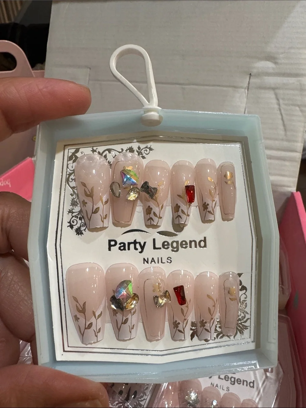 Party Legend Nude Pink Press-On Nails with Gold Leaf & Gem Accents